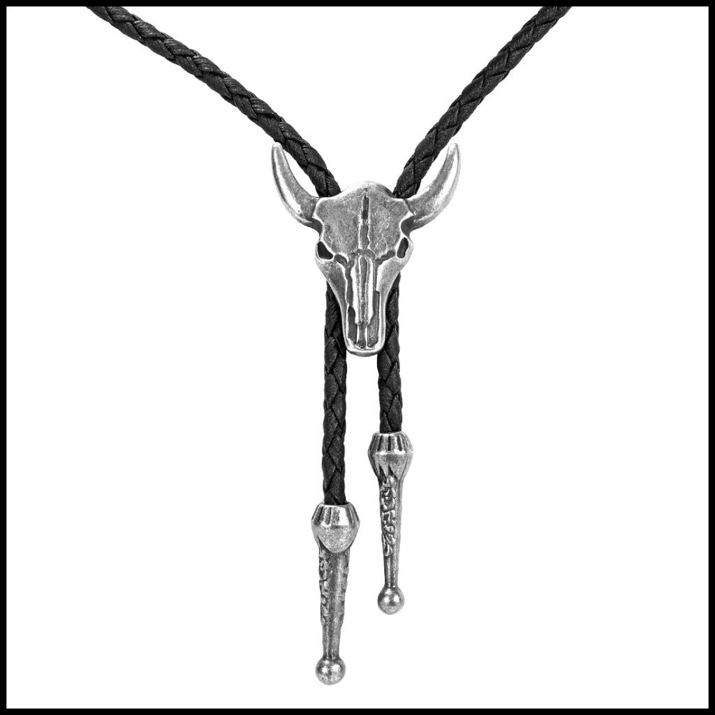 Western Bolo Tie Adjustable Cowboy Necklace Bull Head Design Faux Leather